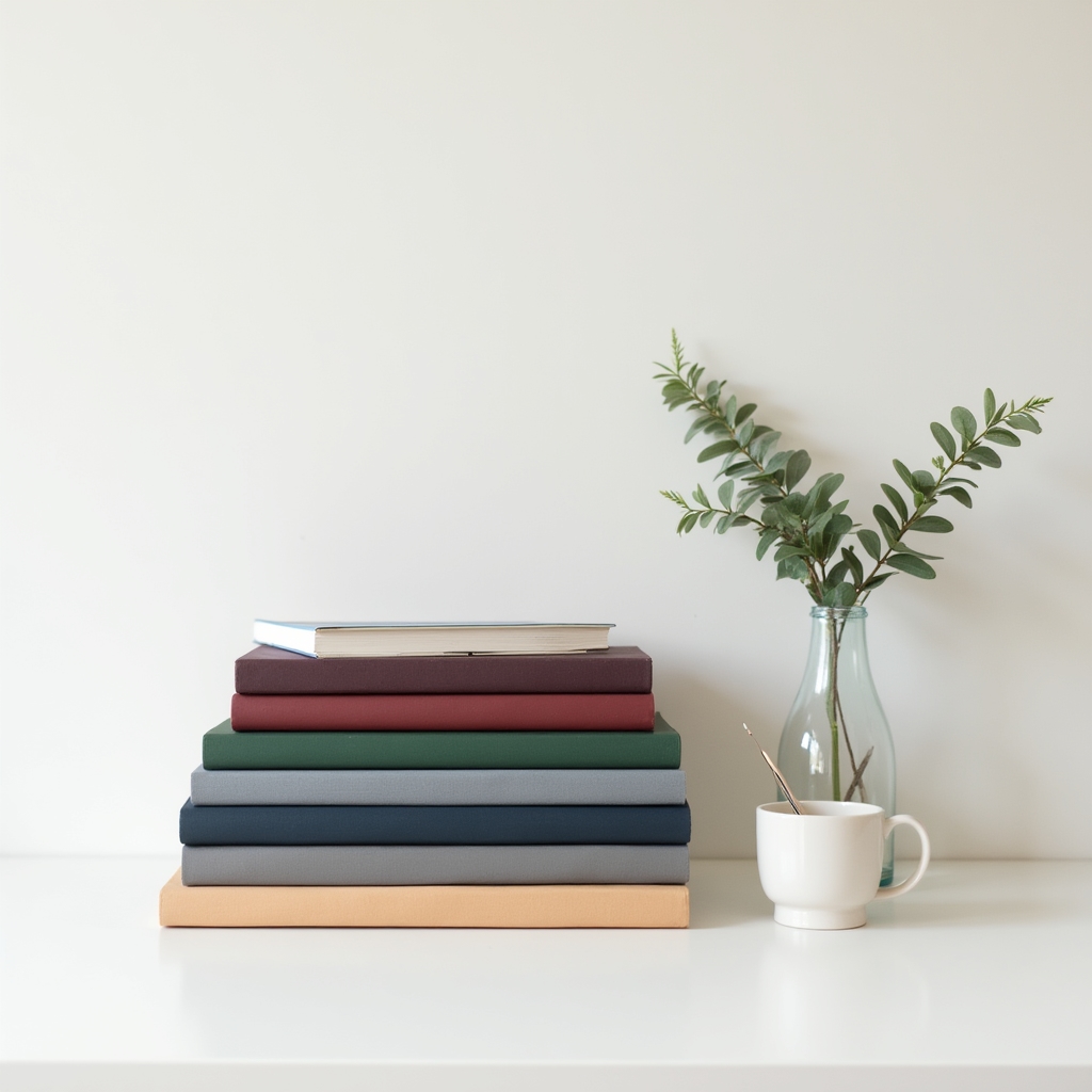 Stack of biomechanics and sports science textbooks on a clean white desk with minimal Scandinavian-style decor