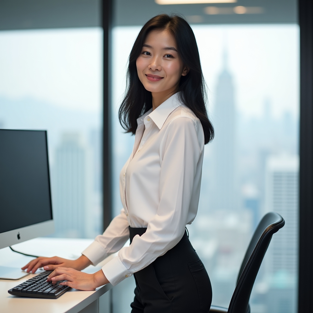 Person stretching at a standing desk in a bright modern office, demonstrating an upright posture after implementing daily mobility practice
